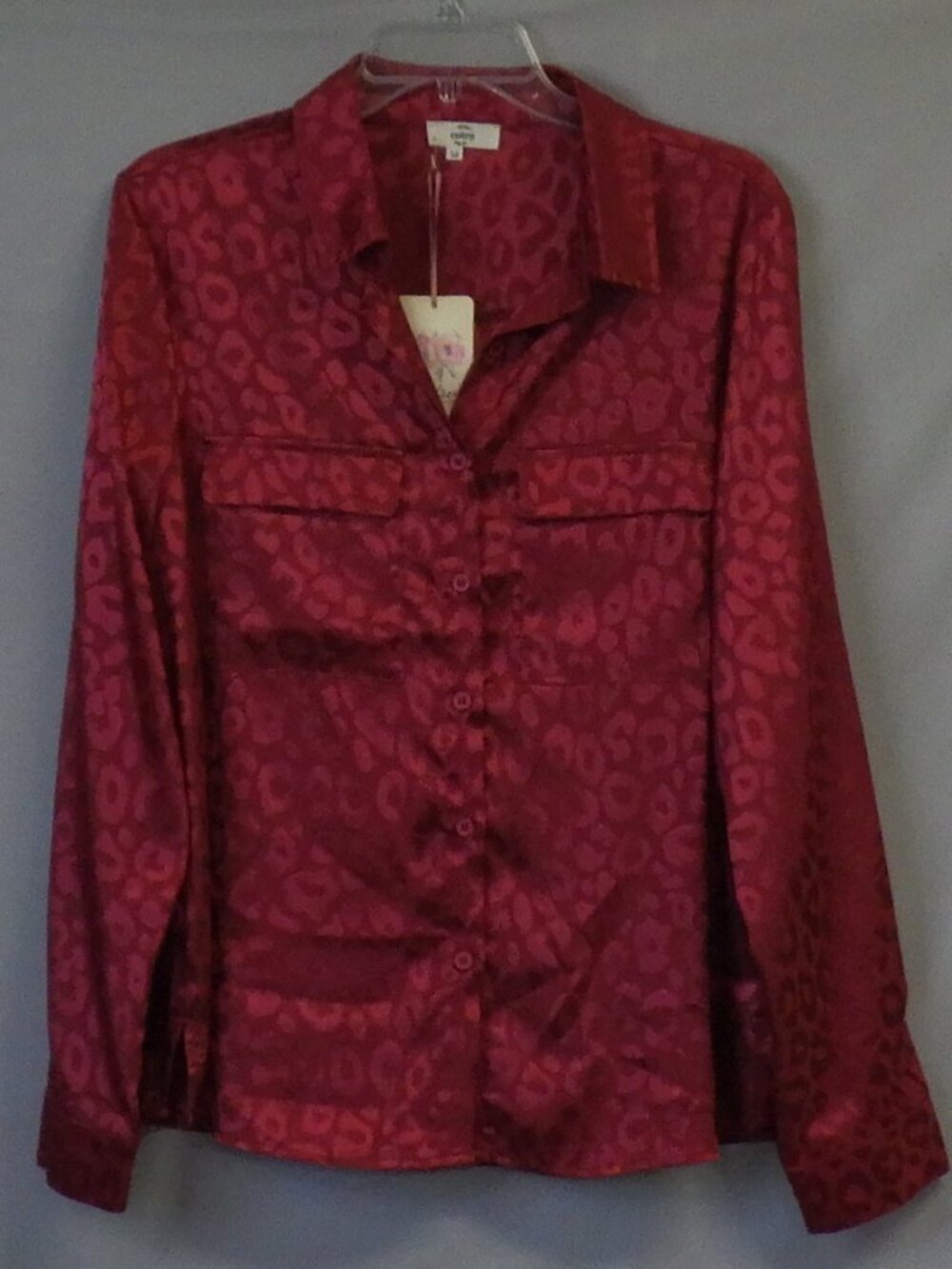 Entro Burgundy Leopard Print Satin Button Down Blouse NWT